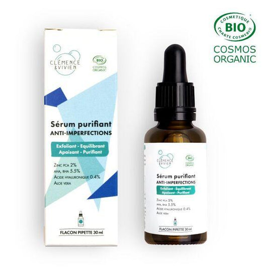 Sérum anti-imperfections purifiant Bio - Clémence et Vivien - Peau mixte à grasse - Brillance, comédons, points noirs, microkystes - Cosmelita 